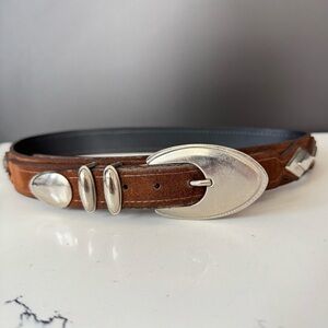 Vintage Distressed Western Brown Belt w Silvertone Buckle and Studded Accents XS